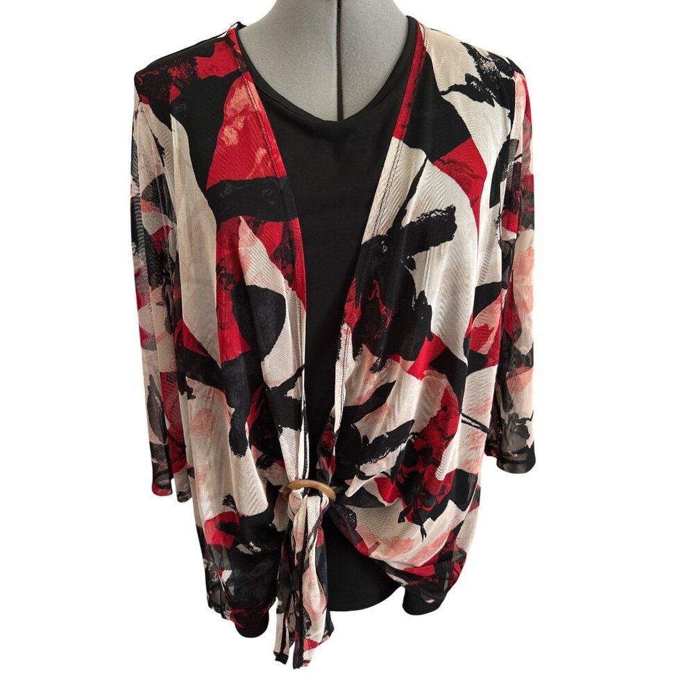 Linda Matthews Womens Black & Red Abstract Print Tunic Top With Tie Front Size L